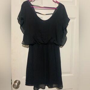 Black Sheer Dress, Butterfly Sleeves, cinched waist, back gold hardware straps